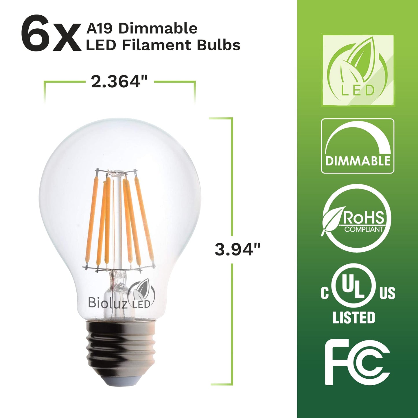 Bioluz Led 40W Dimmable Edison Light Bulbs, Warm White, Glass, 6-Pack, Ul Listed, Model Bfa19D-4Ww-6