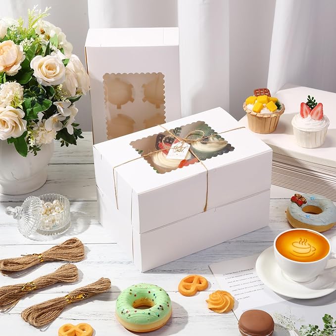 36 Pack Cupcake Boxes Hold 6 Count Christmas Disposable Cupcake Containers with Window and Cake Carrier with Thanks Card and Jute Rope to Muffins Cupcakes Cookies Gift Wrapping(White)