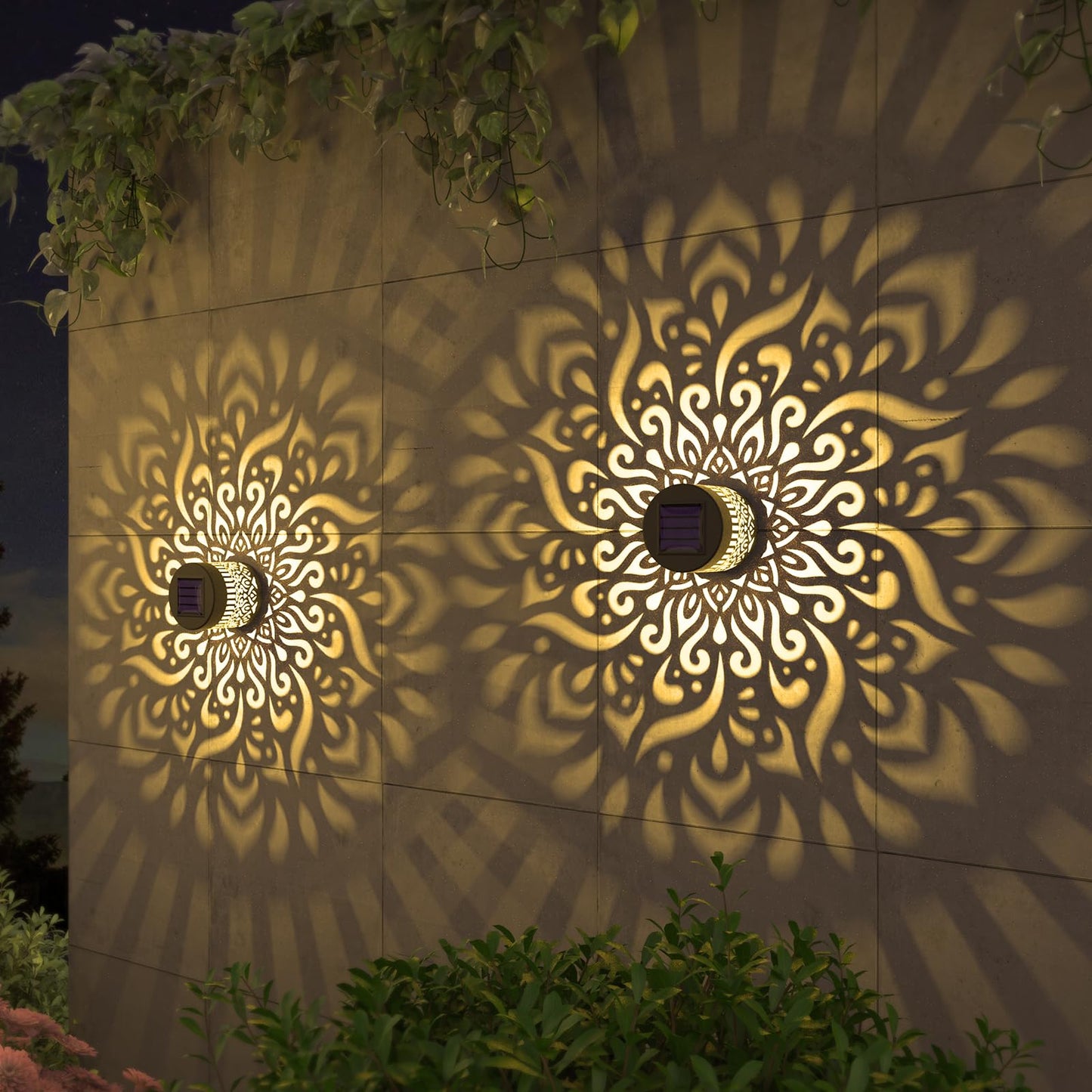 gardencave Solar Fence Lights - Metal, Waterproof, Mandala Theme, 2 Pack - Outdoor Deck Step Wall Lights for Garden Post Decor