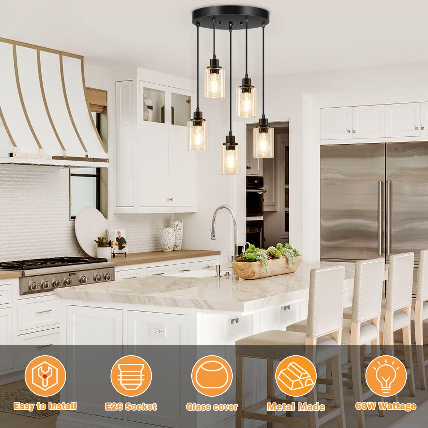 Licperron 5-Light Pendant Light Fixtures With Clear Glass Shades  Black Adjustable Kitchen Island Hanging Ceiling Light Fixtures  Modern Pendant Lighting E26 Base For Dining Room  Hallway  Living Room