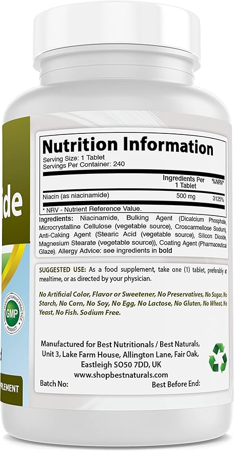 Best Naturals Niacinamide 500mg 240 Tablets (Suitable for Vegetarian) - Non-Flushing Form of Niacin (Vitamin B3)