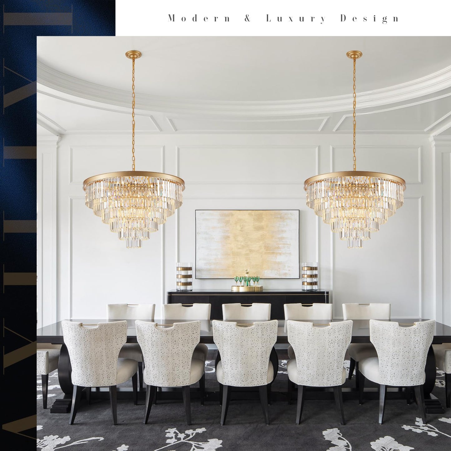 A AXILIXI Modern Gold Crystal Chandelier 35in  5-Tier K9 Metal Light Fixture for High Ceilings, Staircase, Entry, Living Room, Model DH88318