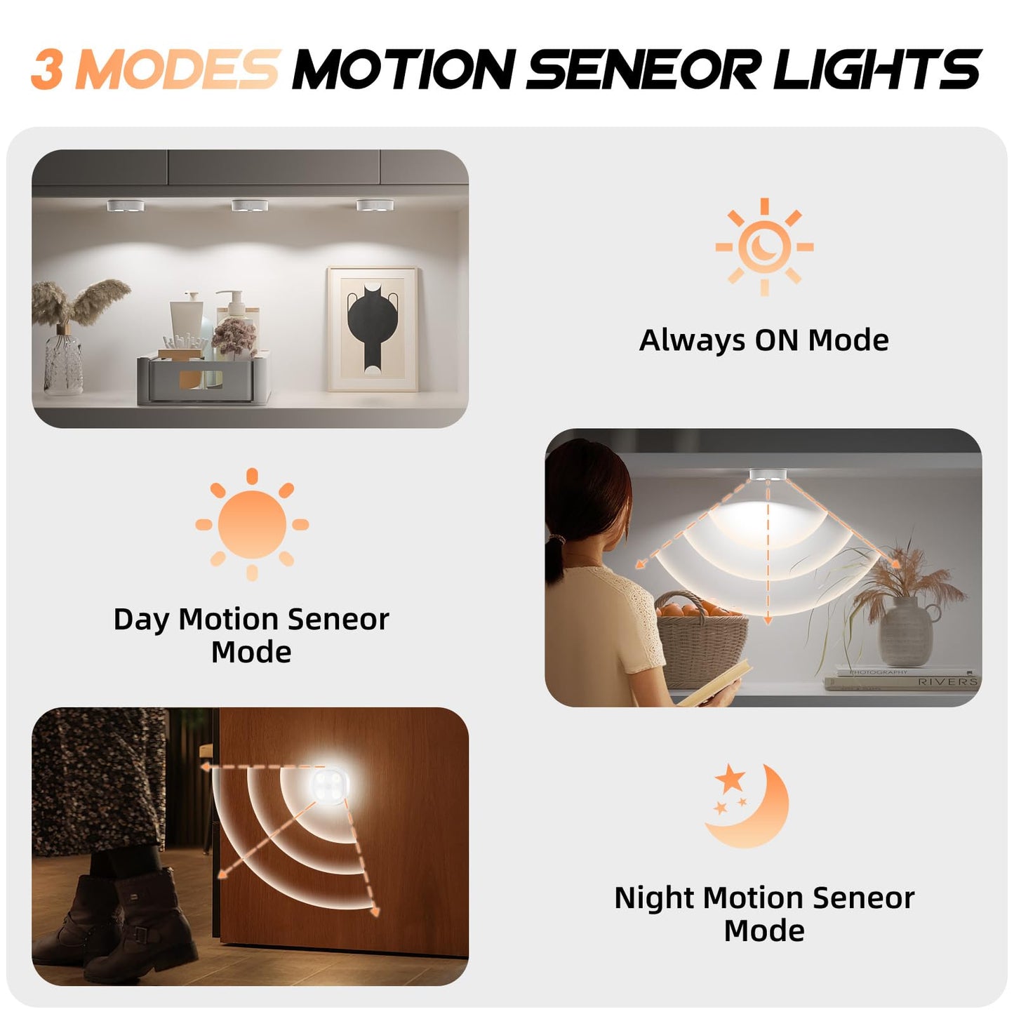 Lightbiz 3PCS Motion Sensor Step Light, Wireless Rechargeable Puck Lights, RGB Color, Model C930-3, Ideal for Closet and Hallway