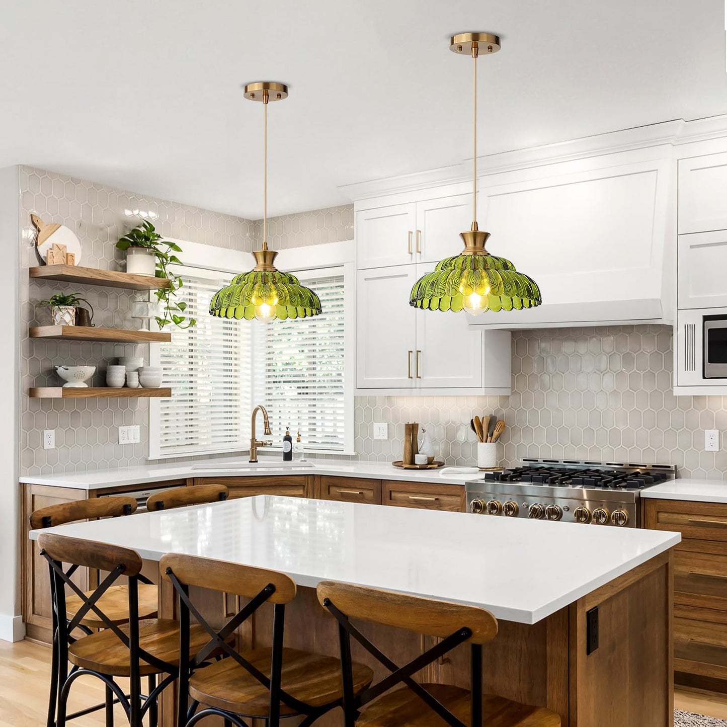 Mgcanyu Green Glass Pendant Lights  11.8 Vintage Lighting Glass Light Fixtures Brushed Gold Modern Glass Chandelier Hanging Ceiling For Kitchen Island Dining Room Restaurant Foyer Entryway