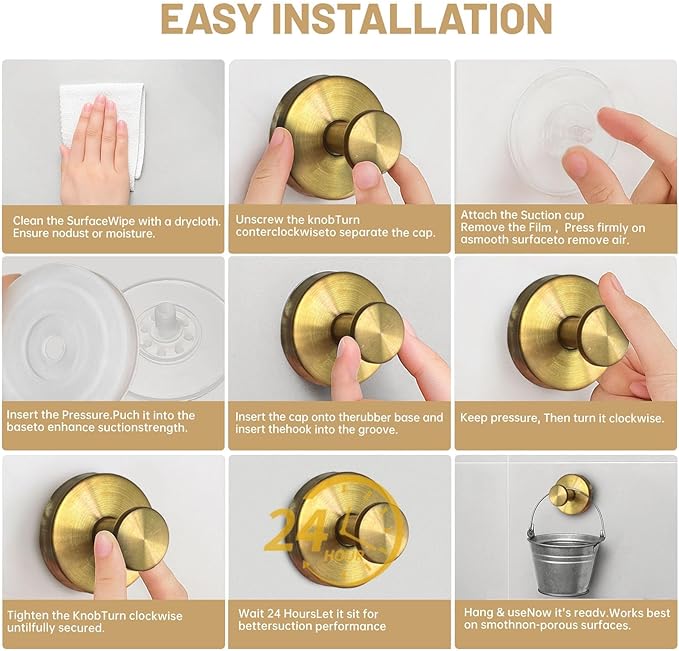 4Pcs Suction Cup Hooks, Wreath Hangers for Front Door, Strong Hold No Drill Hangers for Bathroom, Kitchen, Glass, Tile, Perfect for Wreaths (Gold)