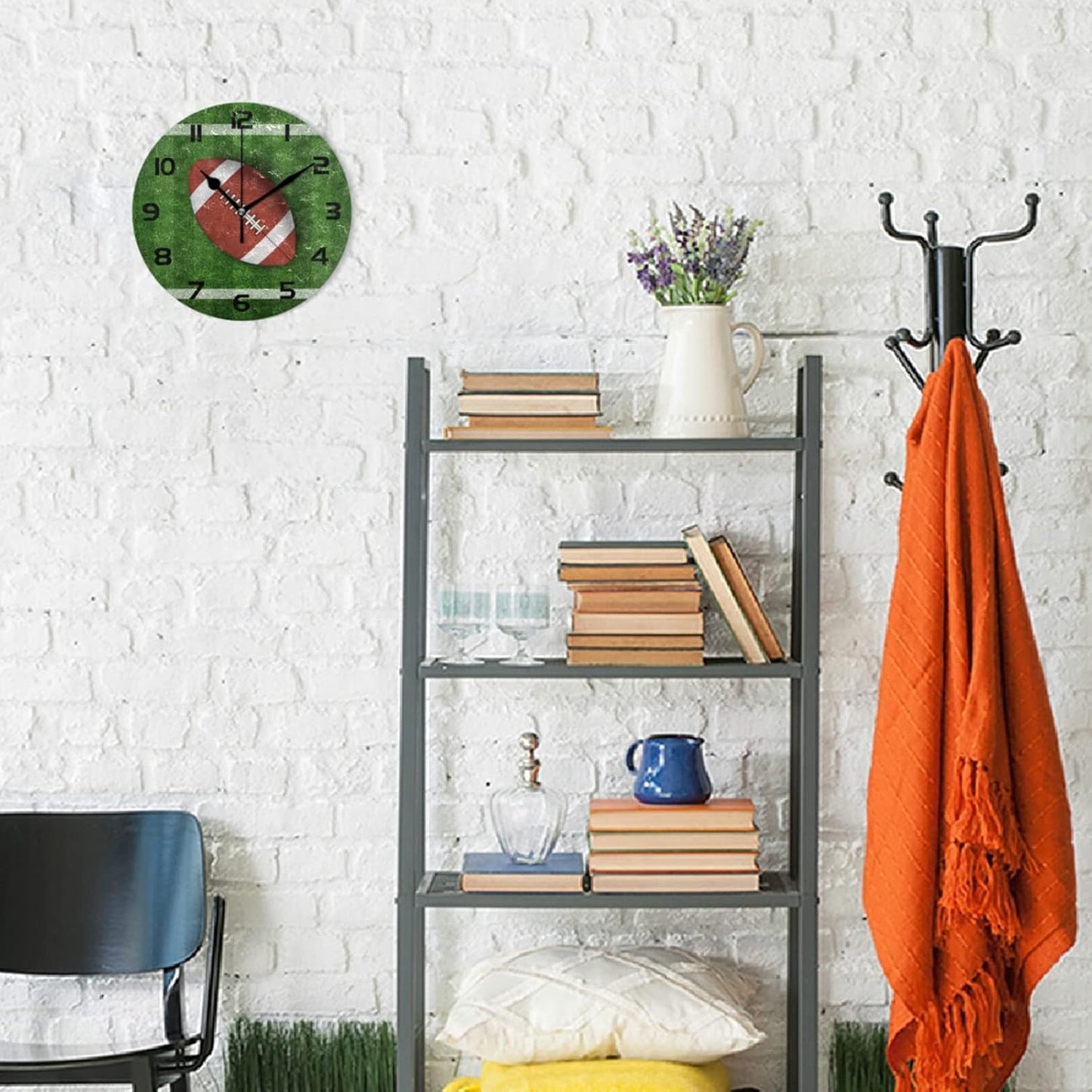 American Football Field Wall Clock Silent Non-Ticking,Sport 9.5 Inch Round Wall Clock Battery Operated Clock Decor for Boys Room Home Wall Bathroom Kitchen Bedroom Living Room Office Classroom Patio