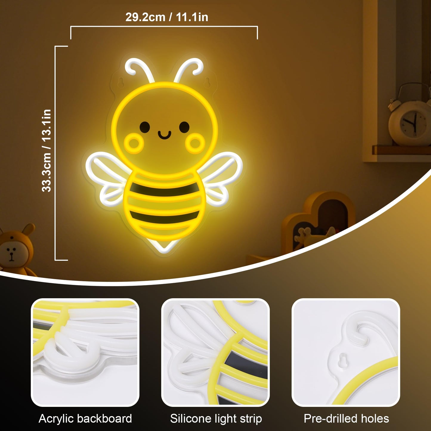 Bee Neon Sign Wall Art  Honey Bee Decor For Bedroom Living Room Office Patio Garden Stores  Usb-Powered Energy-Saving Light With Hanging Kit  Gifts For Kids Women Beekeeper
