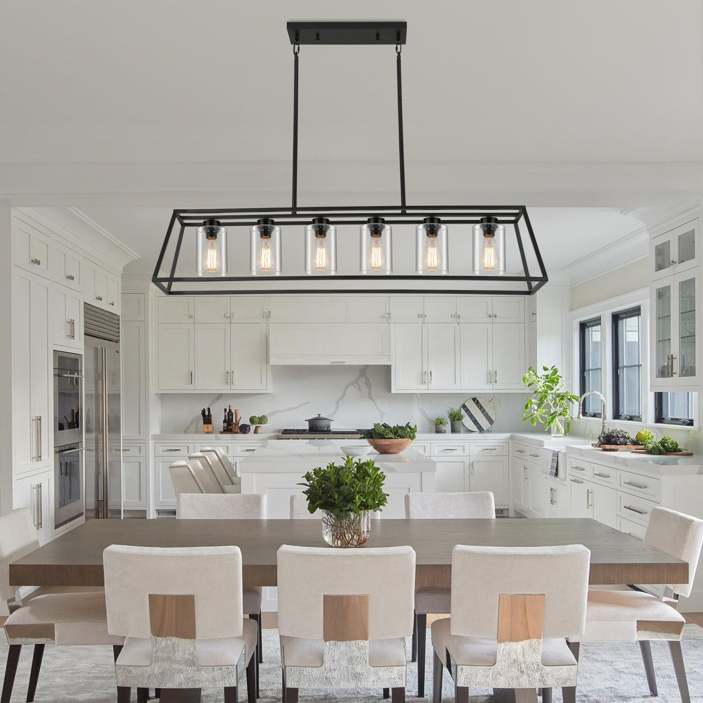 Senyshilon 6-Light Black Farmhouse Chandelier, Metal With Clear Glass For Dining Room, Kitchen Island, Model S8833-6S