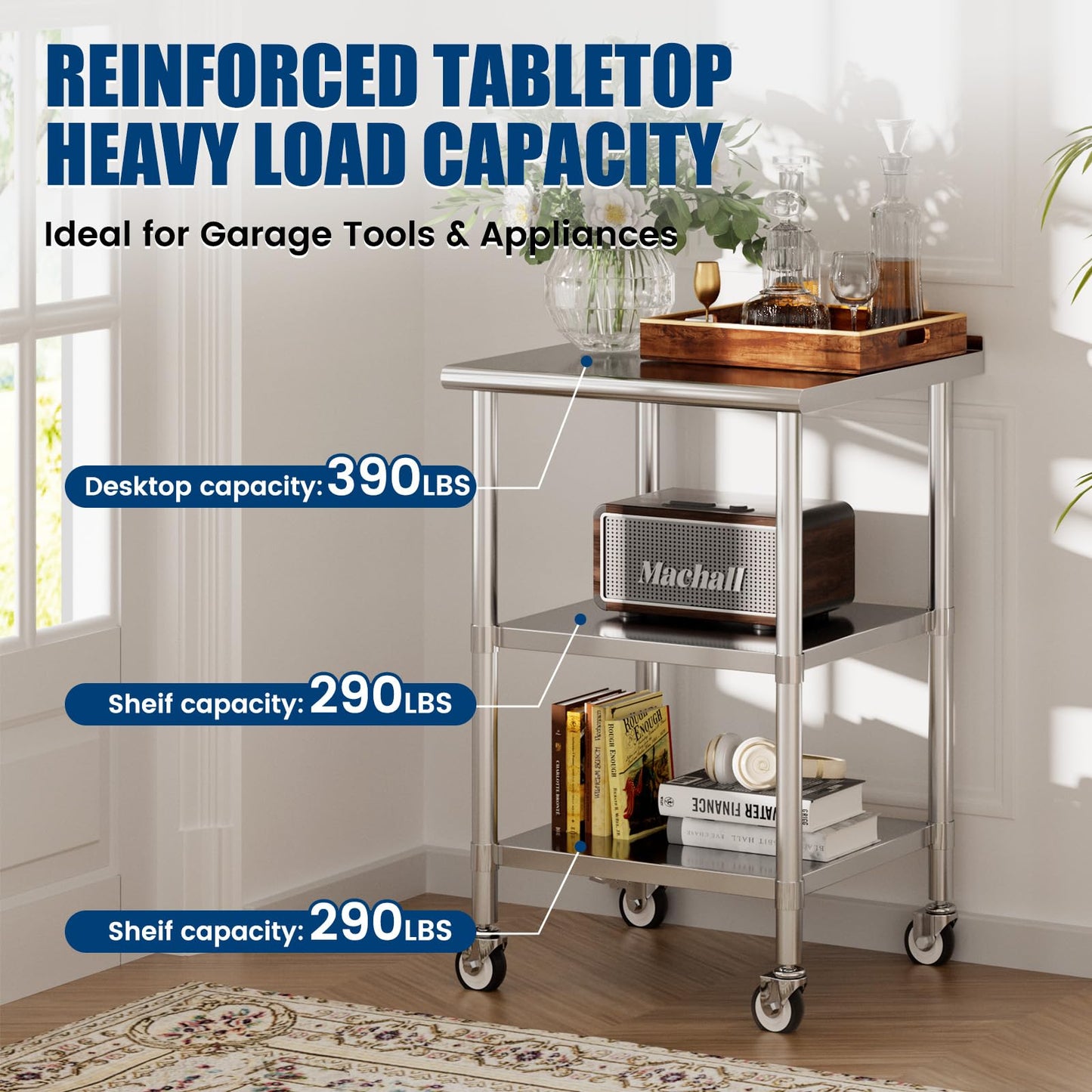 Chingoo Stainless Steel Work Table with Wheels, 24x24 Inch NSF Food Prep Table with Backsplash & 2 Adjustable Undershelves for Commercial Kitchen, Restaurant, Garage