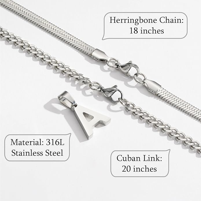 P. BLAKE Layered Initial A-Z Pendant Necklaces Gifts for Boys Men, Stainless Steel Letter Cuban Link Herringbone Chain Valentines Fashion Jewelry Gifts for Him