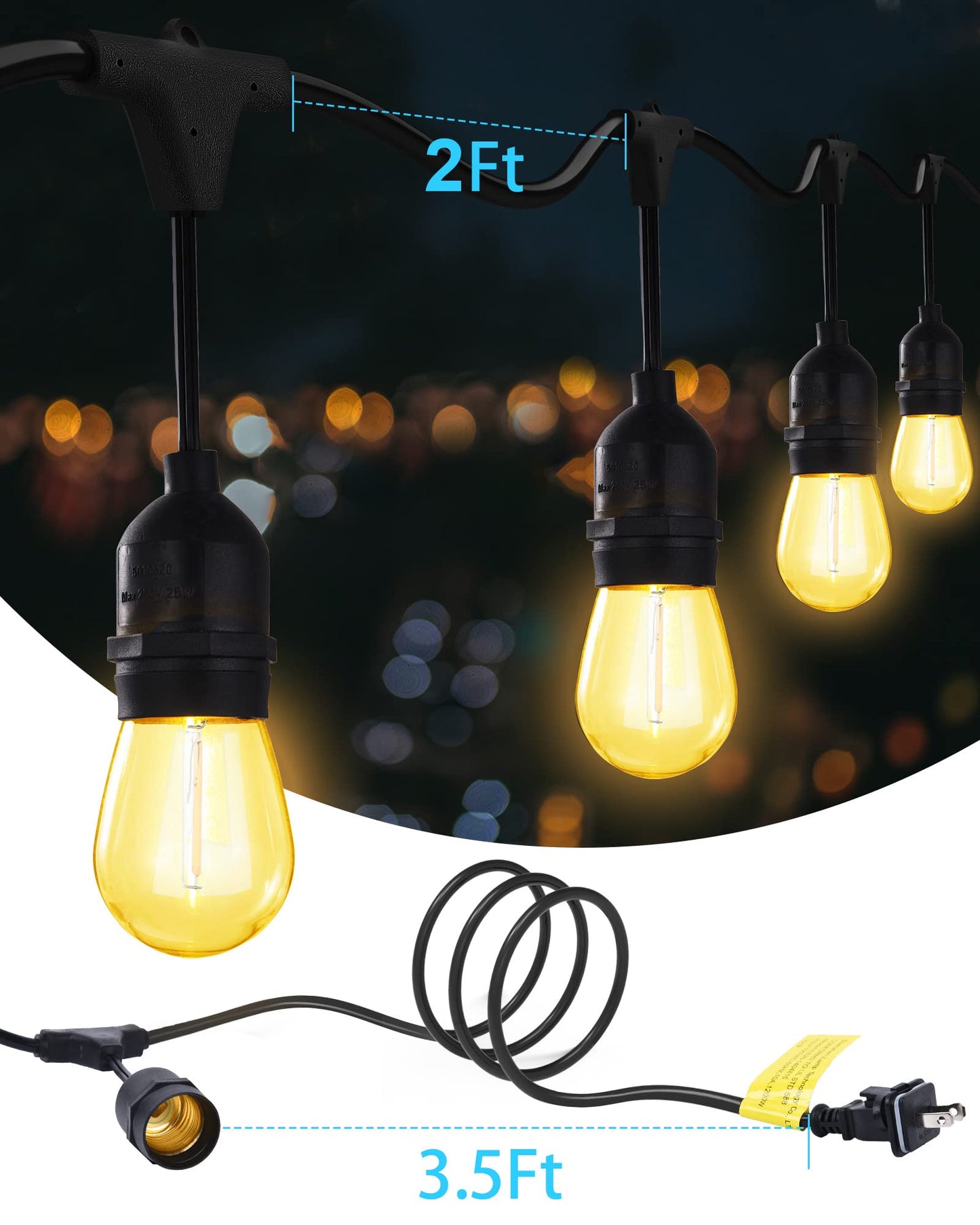 SUPERDANNY 52FT Outdoor LED String Lights, Shatterproof, 2700K Warm White, 24 Sockets, 26 Plastic Bulbs, Commercial Grade