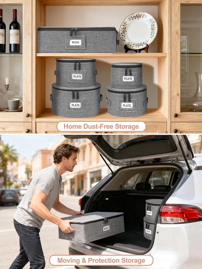 Cirhy Reinforced China Storage Containers, 5-Piece Dinnerware & Mug Organizer Set with Quilted Padding and Felt Dividers, Stackable Boxes for Dishes, Cups & Fine China, Ideal for Moving and Kitchen