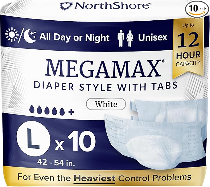 NorthShore MegaMax Adult Overnight Diapers, 12-Hour Tab-Style, Large, 10 Count Bag, White, 42-54 inches, Unisex Incontinence Underwear