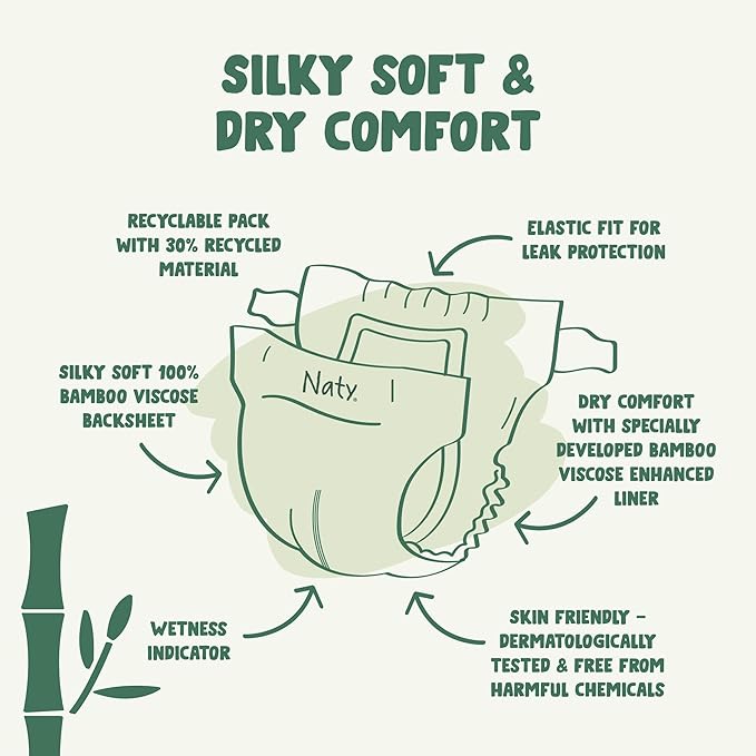 Naty Bamboo Viscose Baby Diapers – Silky Soft, Plant Based, Dermatologically Tested for Sensitive Skin & Super Absorbent (Size 1, 88 Count)