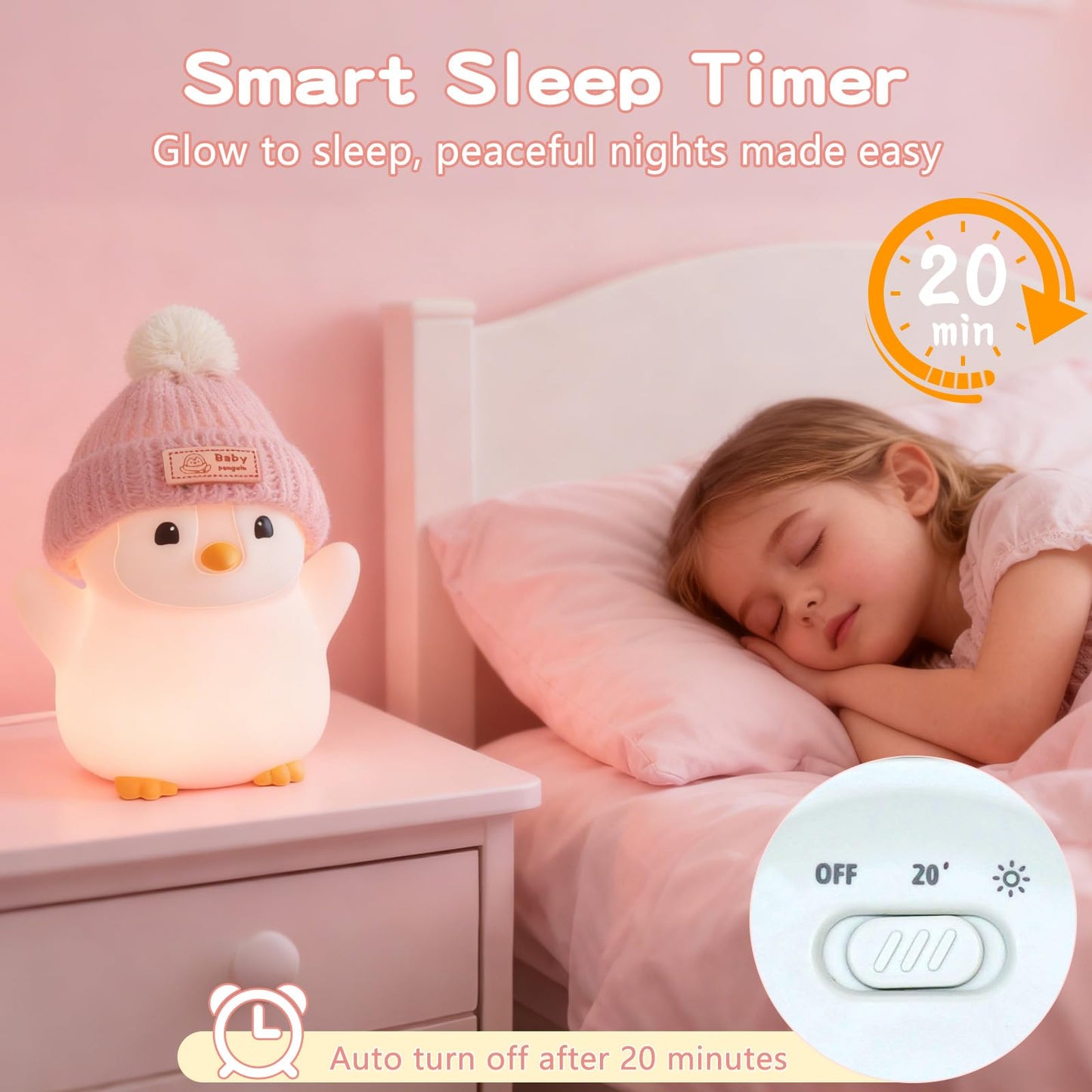 Famiduo Penguin Night Light  Cute Pink Penguin Lamp With Knit Hat  Soft Silicone Nursery Nightlight For Baby  Rechargeable/Dimmable/Timer Led Squishy Novelty Animal Bedside Lamp Funny Gifts For Kids