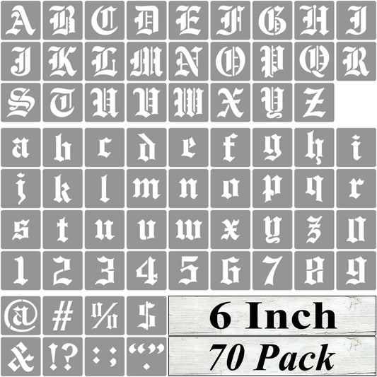 6 Inch Alphabet Letter Stencils for Painting - 70 Pack Old English Letter Stencil Templates with Numbers and Signs for Painting on Wood, Reusable Letters Stencils for Chalkboard Wood Signs & Wall Art