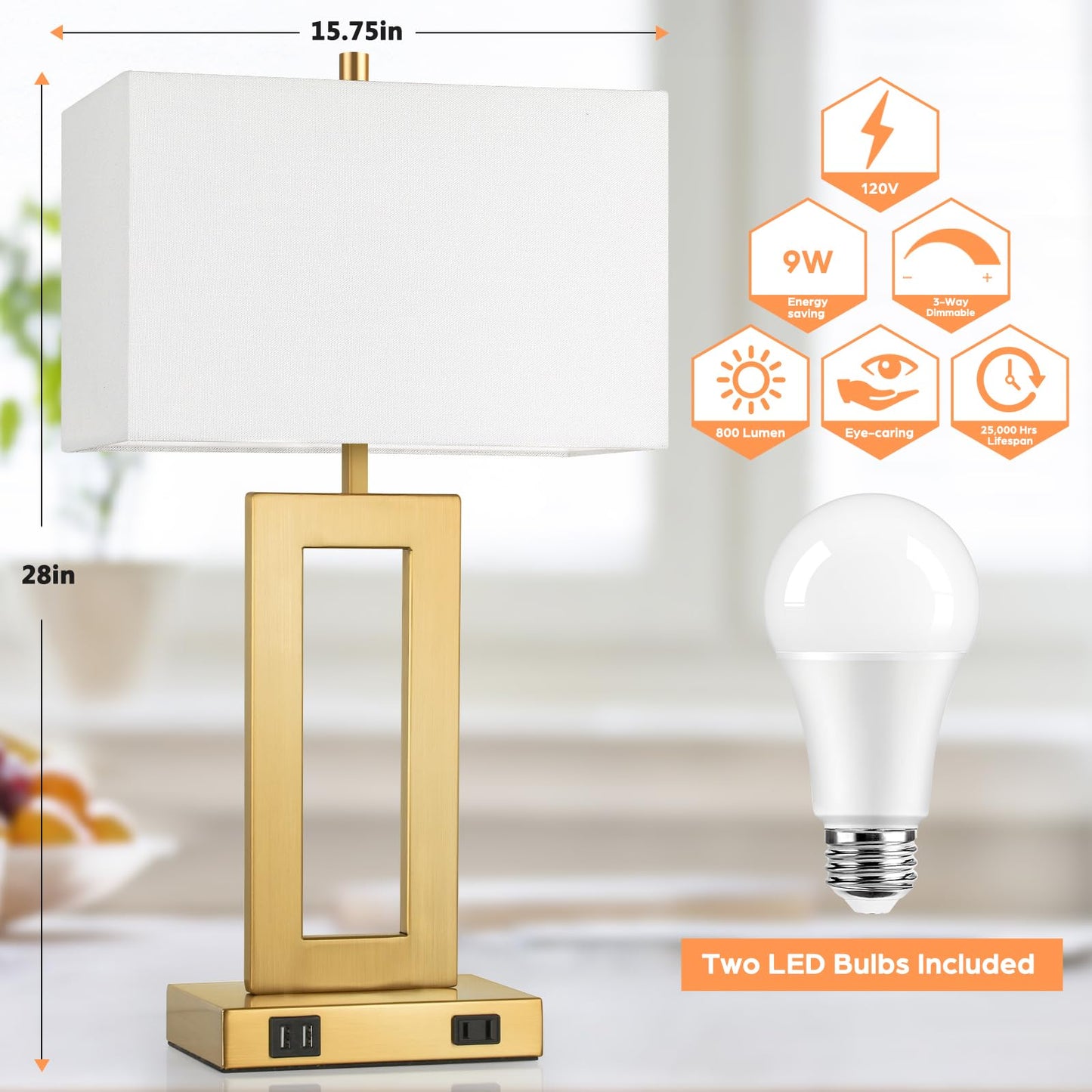 TOBUSA Modern Vintage Gold Table Lamp Set of 2, 28in Tall, White & Gold, Metal, 3-Way Dimmable, 2 USB Ports & AC Outlet, Model