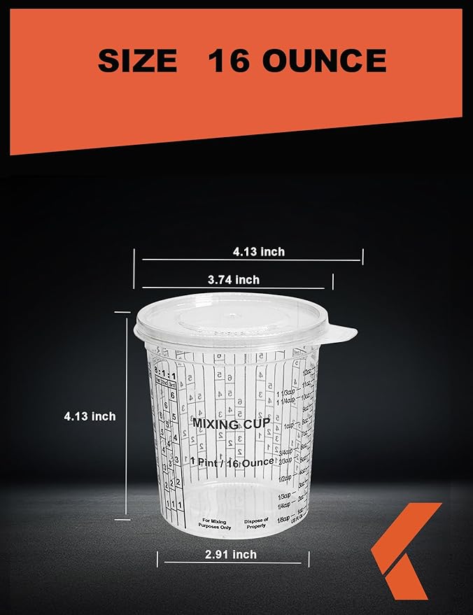 16 OZ Paint Mixing Cups Disposable Flexible Clear Graduated Plastic Measuring Cups Box of 24 Cups & 4 Lids Use for Automotive Painting, Epoxy Resin, Acrylic Arts, Kitchen - Mixing Ratios