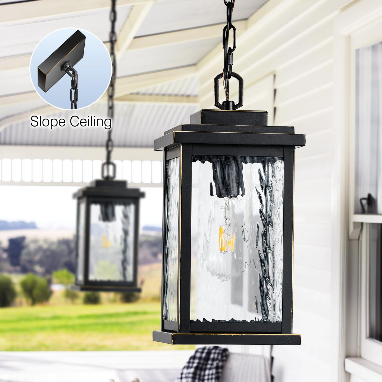 VIANIS Large Pendant Light, Matte Black, Adjustable Wire, Water Glass, Model V8301M, Suitable for Sloped Ceilings, Outdoor Use
