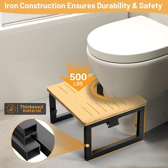 Bamboo Toilet Stool Foldable, 7 in, 8 in Or 9 in Adjustable Heights Squat Stool Potty for Adults Kids,Poop Step Stool with Extra Soft Microfiber Rug, Improve Bathroom Posture and Comfort