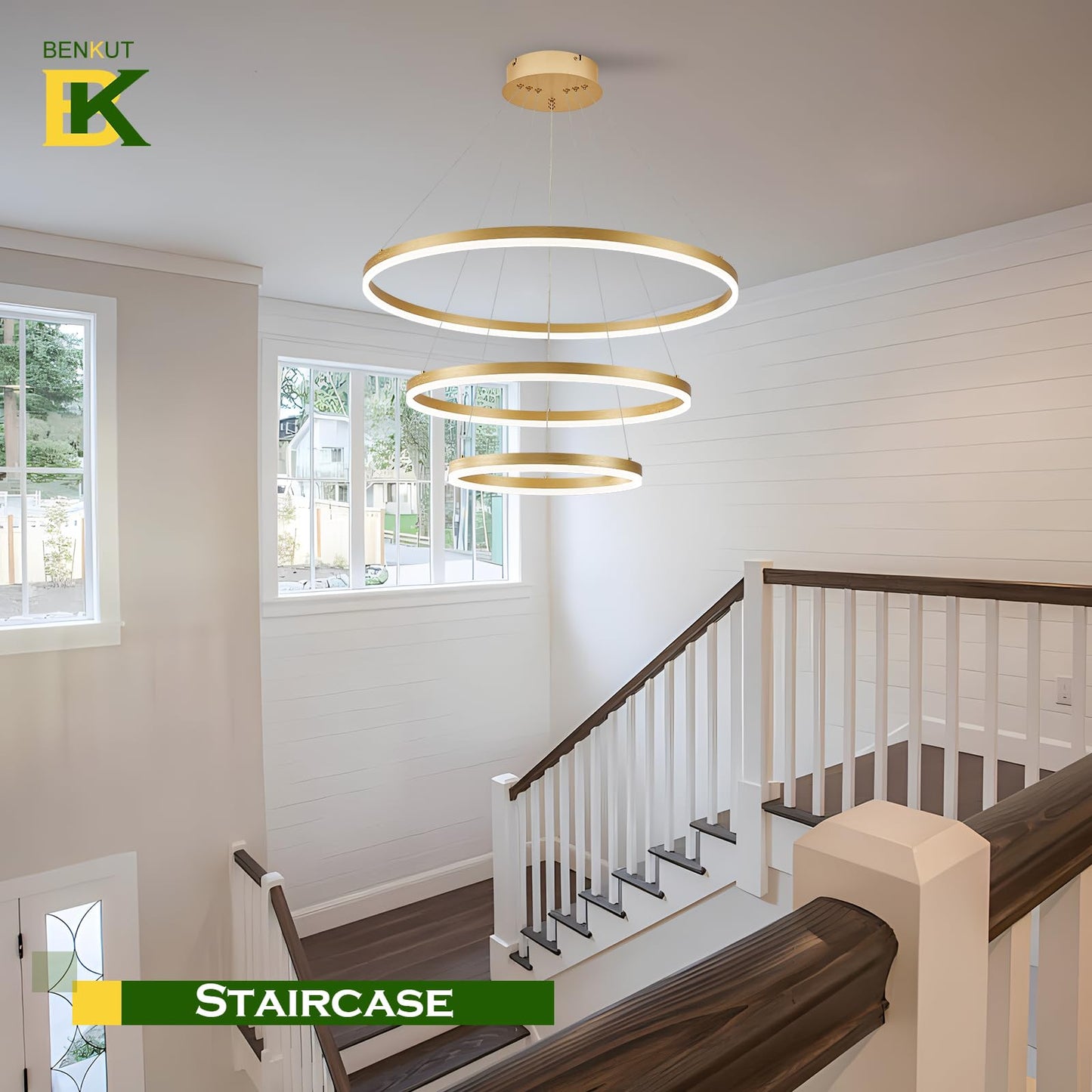 Benkut Modern LED Chandelier, 3 Ring Pendant Light, Dimmable, Gold, Remote Control, Model BK-P60-3GDC1