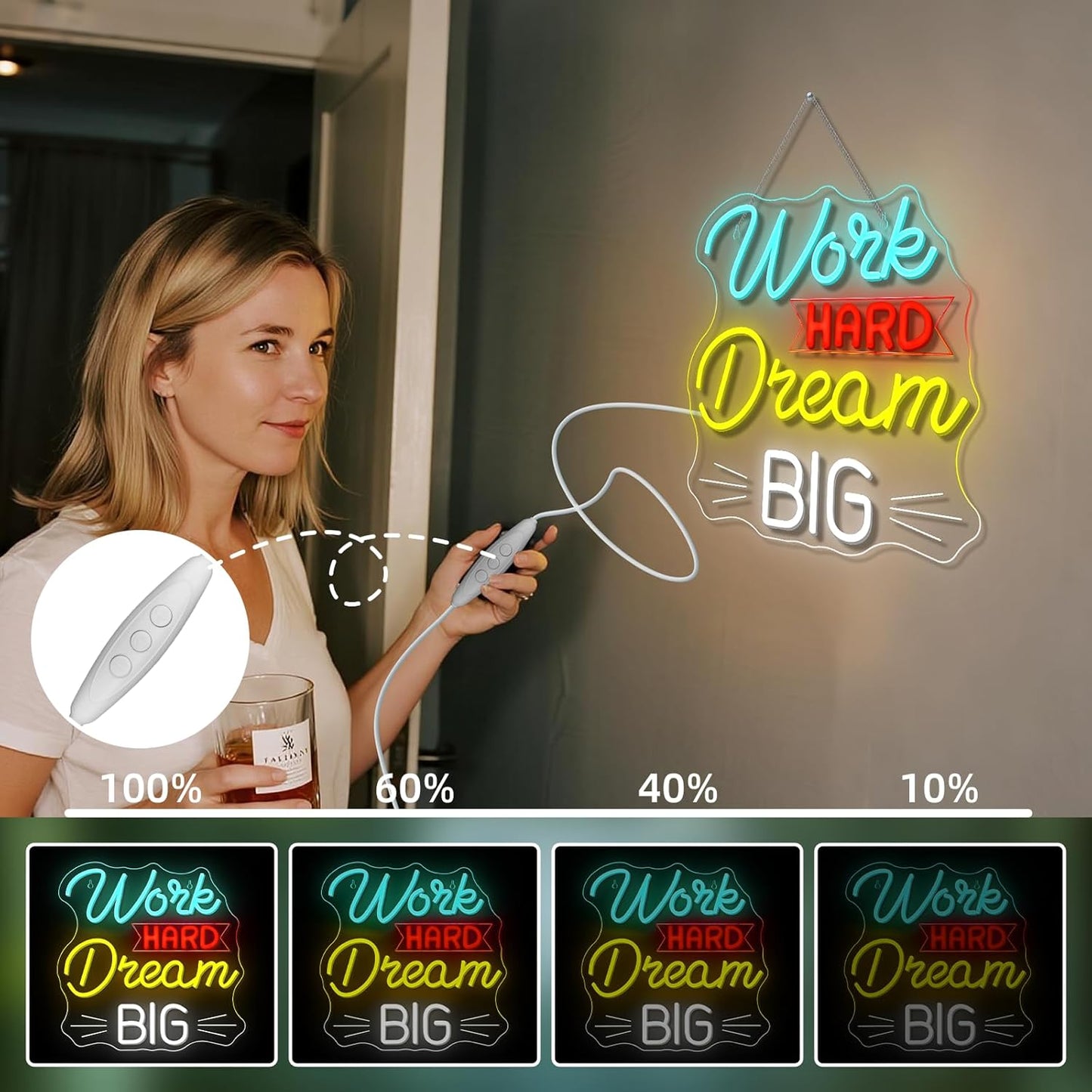 NOSUN Work Hard Dream Big Neon Sign Inspirational slogan personal studio LED Sign Wall Decor Adjustable Brightness Neon Signs USB Connect Neon Light for Bedroom Home Bar Club Hotel Party Decor