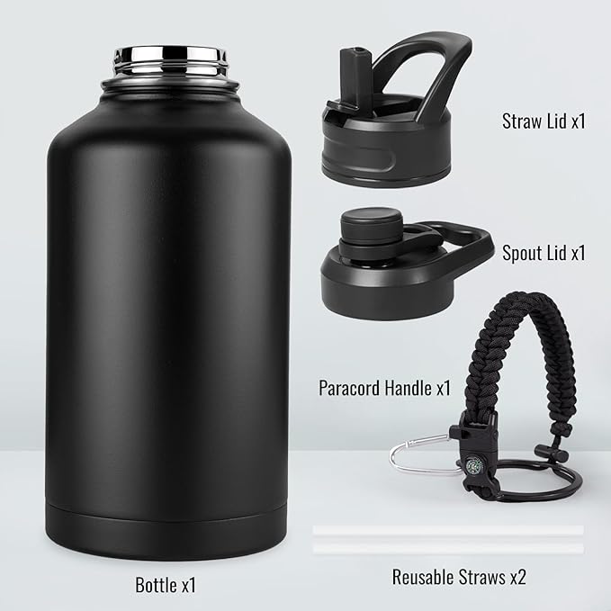 Half Gallon Water Bottle with 2 Lids (Straw & Spout), 304 Stainless Steel Sports Insulated Bottle with Handle, 64 oz Vacuum Double Walled Water Jug with Wide Mouth, BPA Free, Black