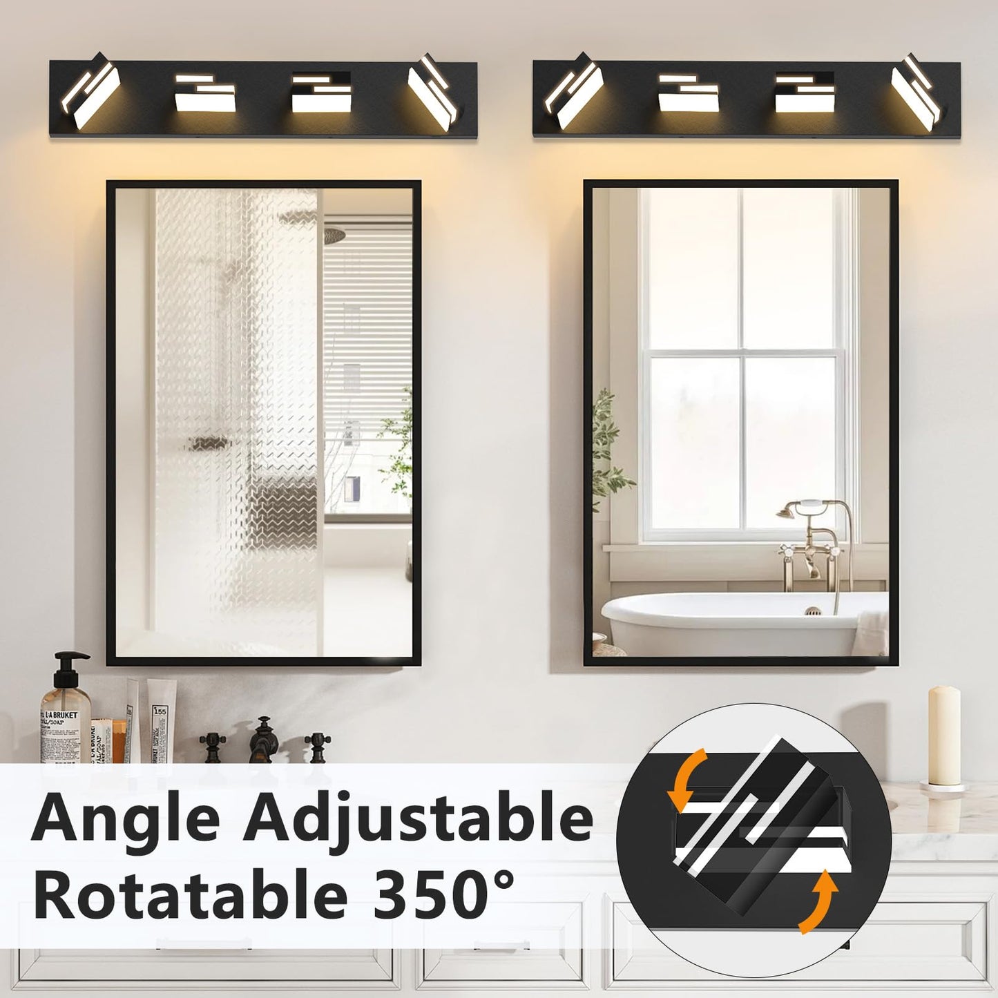 Lkhf Led Modern Bathroom Vanity Light Fixtures 4-Light 5Cct Dimmable Matte Black Vanity Lights For Bathroom Lighting Fixtures Over Mirror  With 350?Rotatable Acrylic Heads  28-Inch