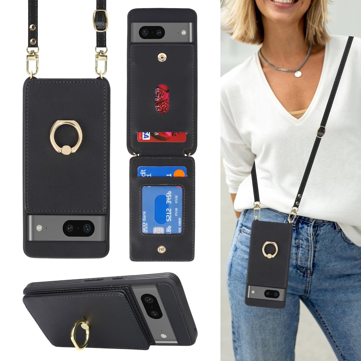 Lipvina For Google Pixel 7 Case With Card Holder And Strap For Women,Crossbody Lanyard,Ring Stand,Snap Clasp,Phone Wallet Cases