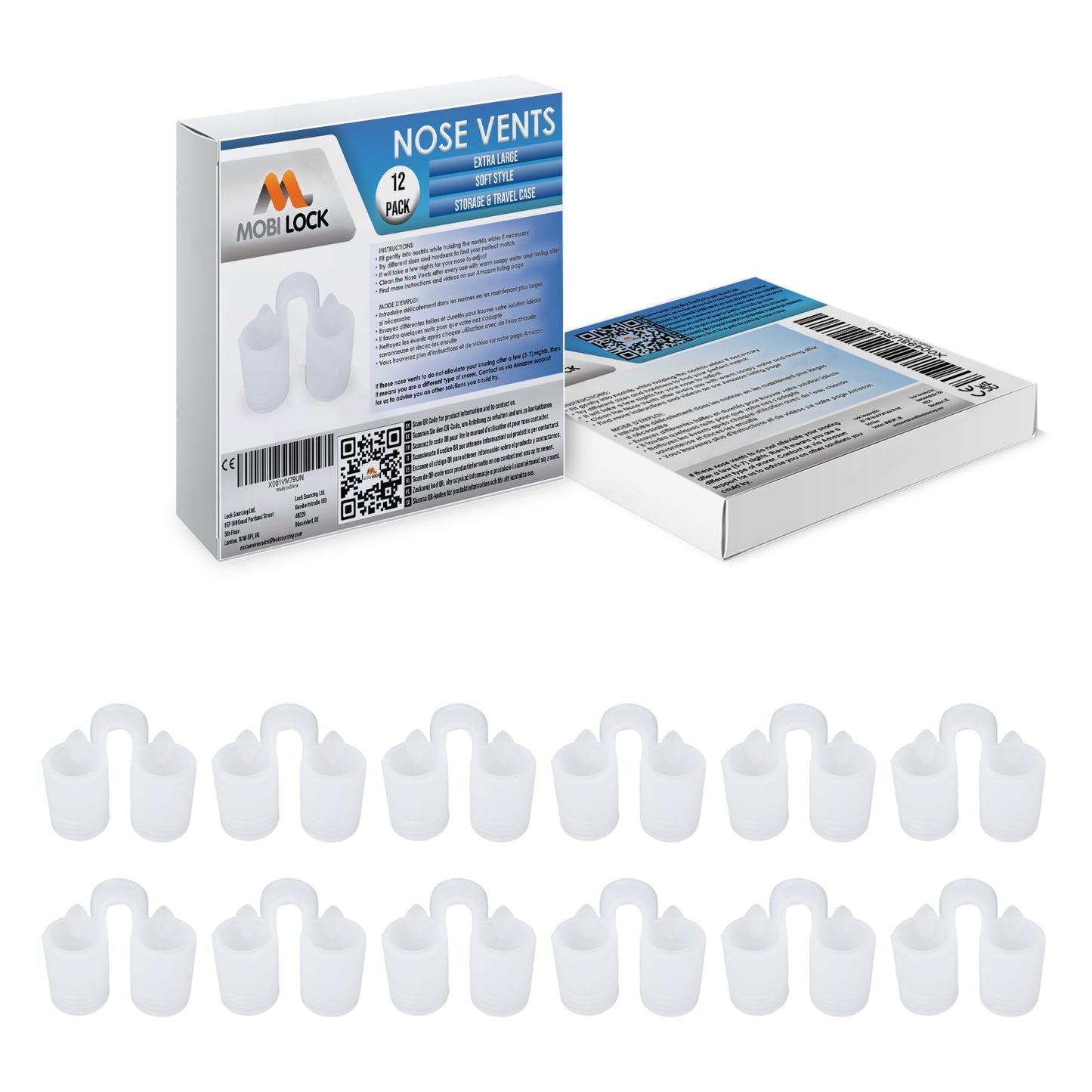 Nose Vent Sinus Relief Dilator (Pack of 12 XL Size) Soft Vents - A Simple Solution for Nasal Snorers - Reusable Snoring Device to enjoy a peaceful night's sleep - by Mobi Lock
