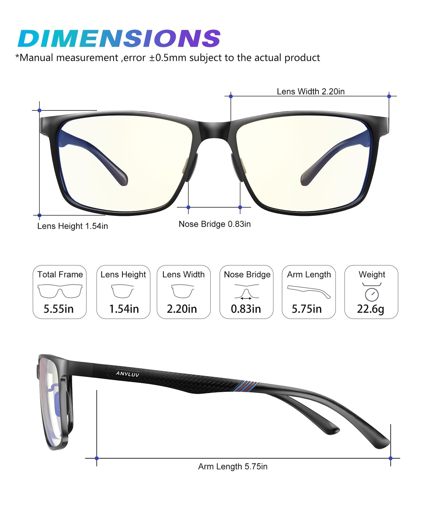 ANYLUV Blue Light Glasses Men/Women, Al-Mg Working Blue Light Blocking Glasses, Relieve Eyestrain Eye Protection-Black