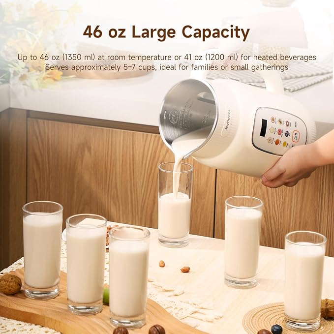 Joydeem Nut Milk Maker Machine,Adjustable Temperature Control, 46oz Almond, Soy, Oat, Coconut Plant-Based Non-Dairy Beverage Blender with 10 Blades, Auto Clean, Boil Water, Timer, Keep Warm, White