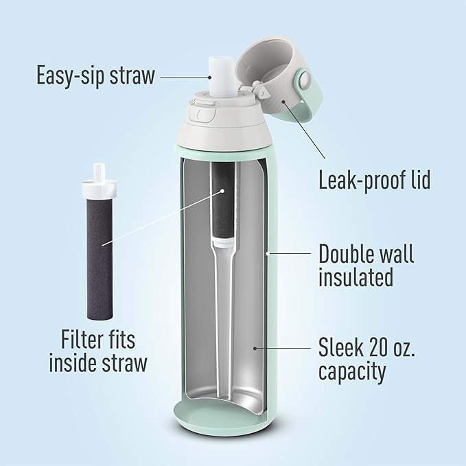 Brita Stainless Steel Premium Filtering Water Bottle, BPA-Free, Reusable, Insulated, Replaces 300 Plastic Water Bottles, Filter Lasts 2 Months or 40 Gallons, Includes 1 Filter, Glacier - 20 oz.