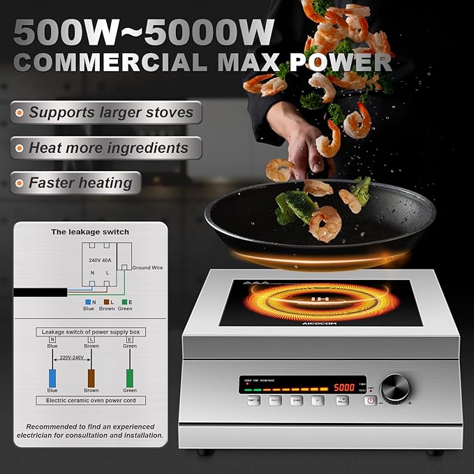 5000W 240V Commercial Induction Cooktop, High Power Induction Electric Stove, Countertop Burner with Press/Knob Controller, LED Strip Display (with 2p Miniature circuit breaker, No Plug)