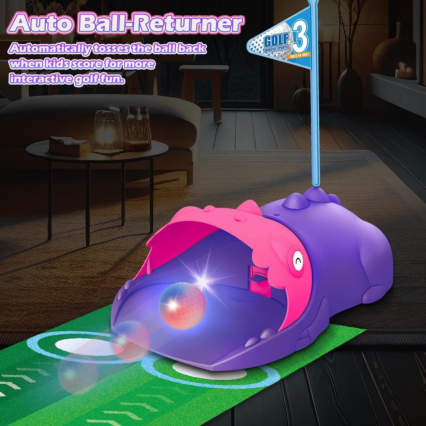 Kids Toy Golf Set with Dinosaur Automatic Golf Returner, Led Light Up Night Golf Balls, 3 Clubs, Putting Mat, 3-8 Toddler Mini Golf Games, Indoor Outdoor Sports Toys for Boys Girls 3+ (Pink)