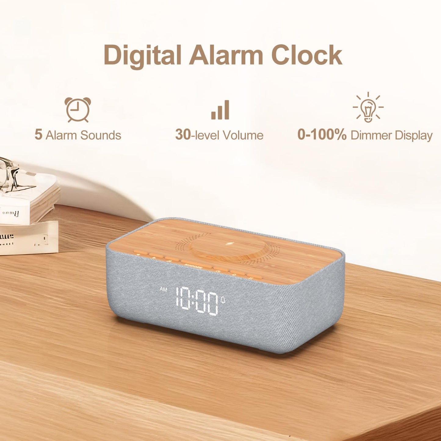 REACHER 15W Fast Magnetic Wireless Charging Alarm Clock with White Noise Machine, Woodgrain Style, 20 High‑Fidelity Sounds, Gradual Wake & Snooze, 0–100% Dimmable Digital Clock, Bedroom & Office