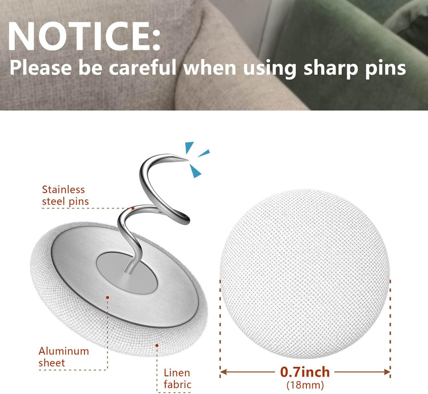 Linen Fabric-Covered Twist Pins - 8 Colors Upholstery Pins & Bed Skirt Pins -Used to Secure Sofa Cushion, Armrest Covers, Furniture & Bed Skir (12, Middle Gray)