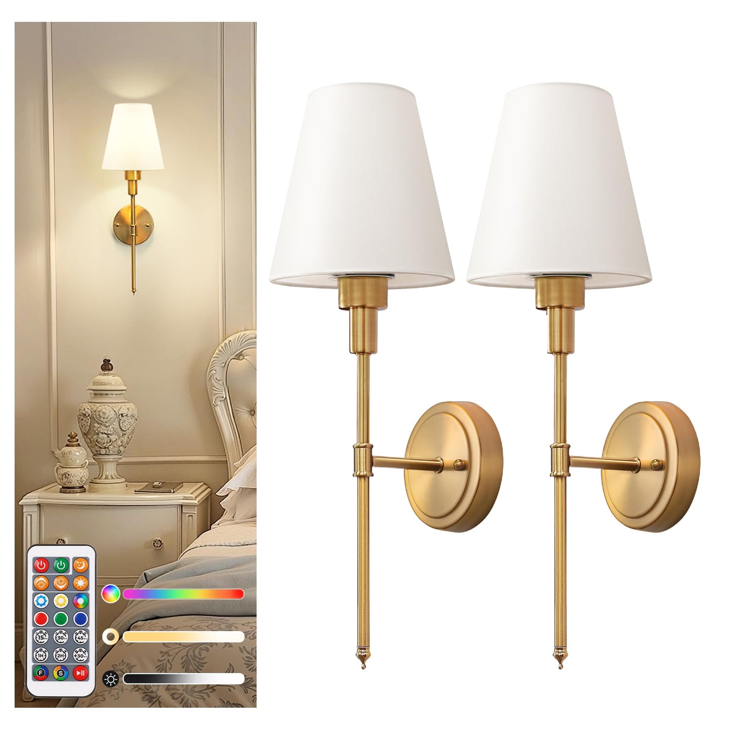 DORESshop Battery Operated Wall Sconce Set of 2, Dimmable, Metal, 20.7 inch, Gold