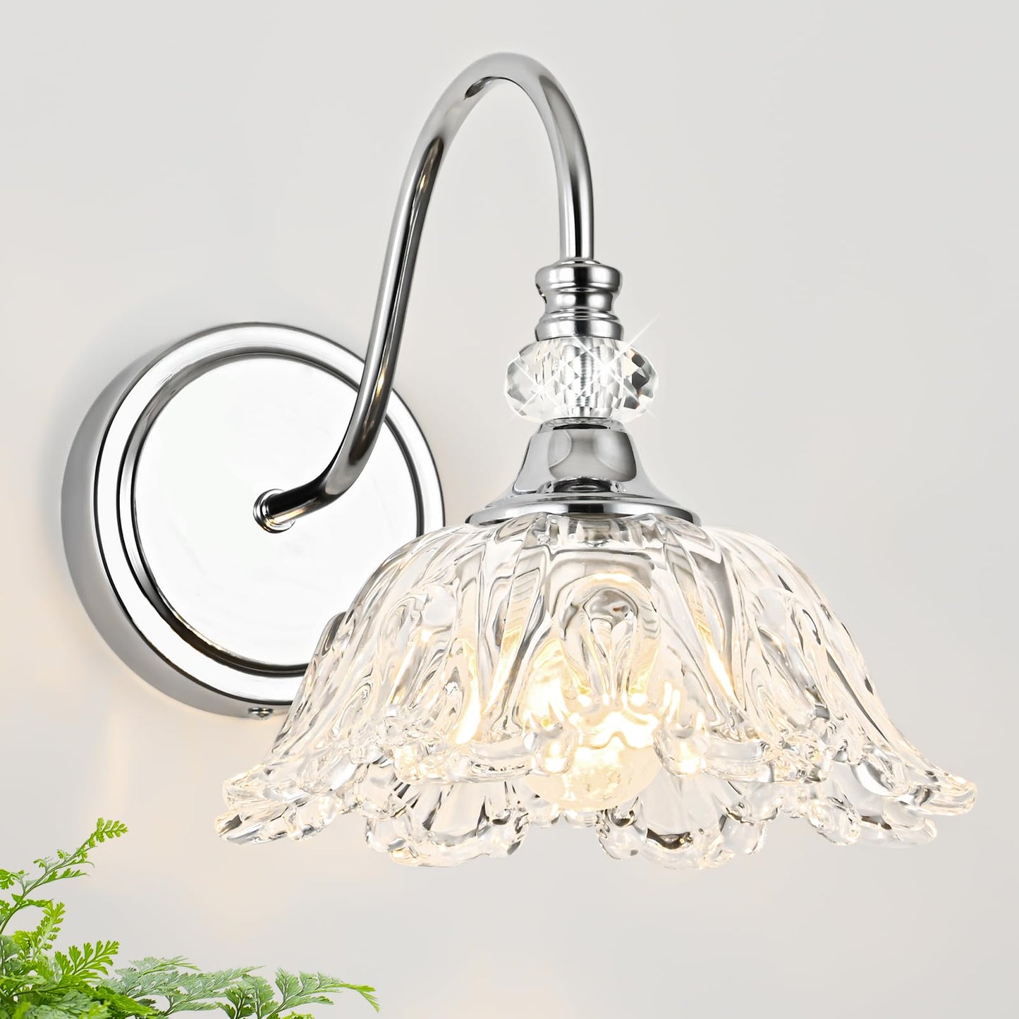 Sunkryster 1 Piece Chrome Wall Sconce With Floral Clear Glass Shade  Modern Wall Mount Lighting For Bathroom Modern Bathroom Vanity Light Fixture