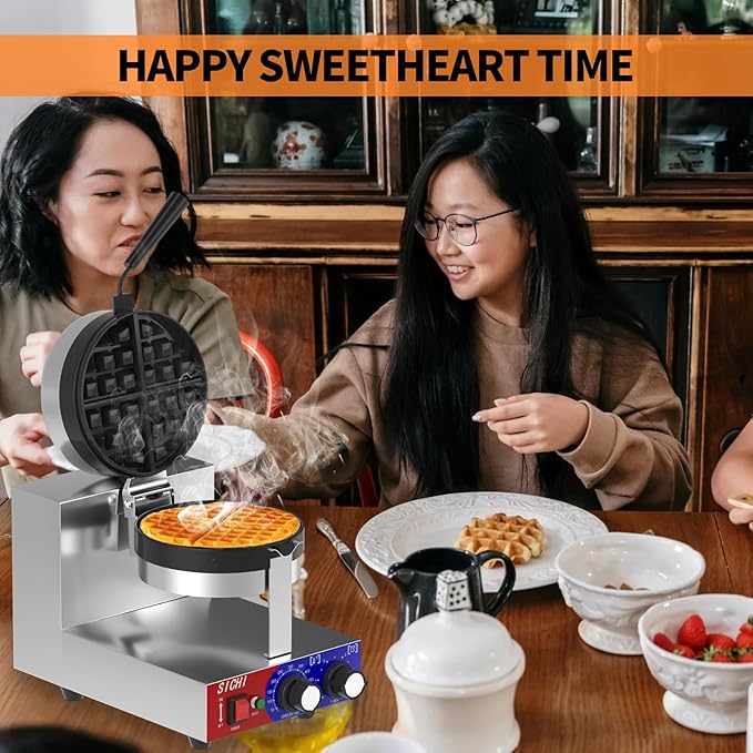 Commercial Waffle Maker - Belgian Waffle Maker w/Non-stick Baking Pan and 550℉ Heating, 1200W Rotating Waffle Iron for 1.2" Thick, Stainless Steel Round Waffle Machine for Restaurant