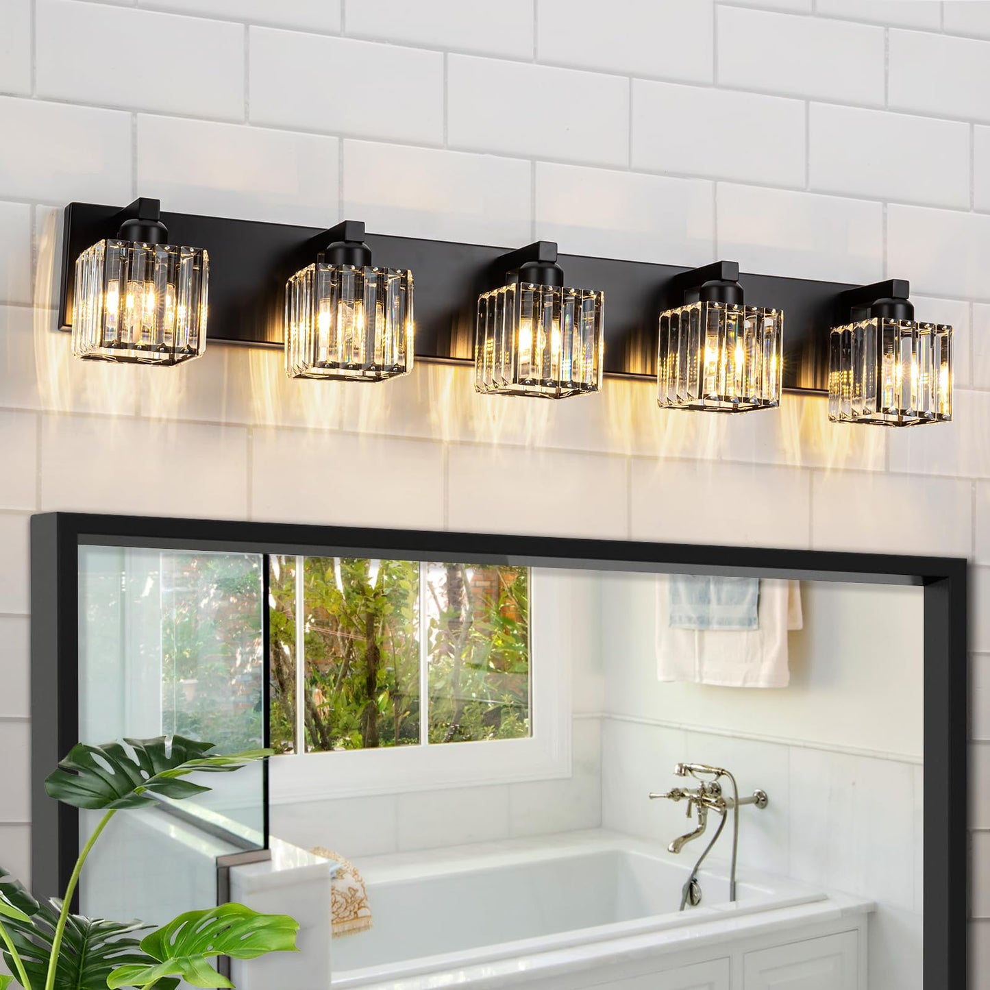 Huoku 35.43 Black Crystal Bathroom Vanity Light 5-Lights Modern Bathroom Lighting Fixtures Over Mirror  Crystal Wall Light