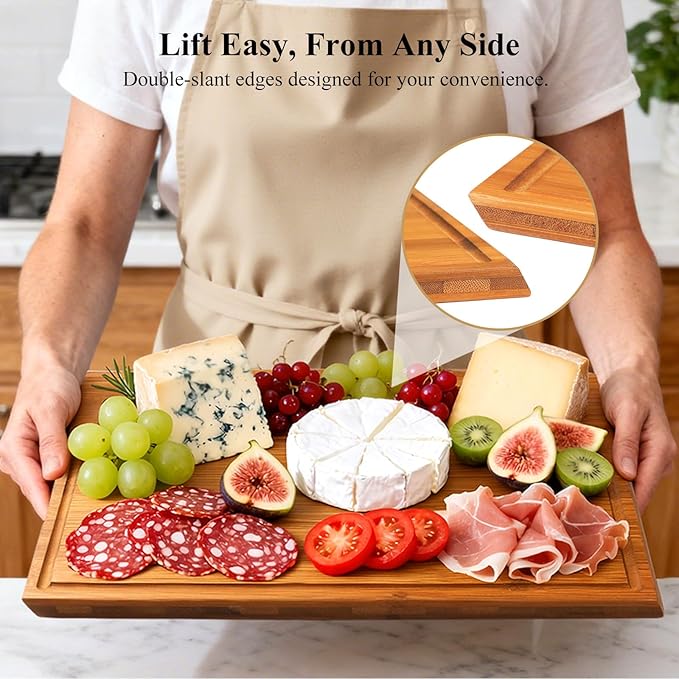 Bamboo Cutting Board Set, 2PCS Double-Sided Chopping Boards for Kitchen Meal Prep & Serving, Charcuterie, Juice Grooves & Side Handle, Ideal for Meat, Vegetables, Kitchen Essentials