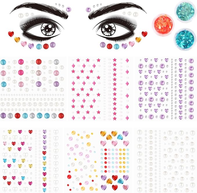 QXUJI 6 Sheets Eye Body Face Gems Jewels, Self-adhesive Rhinestone Makeup Stickers, with 3 Colors Face and Body Glitter Ge...