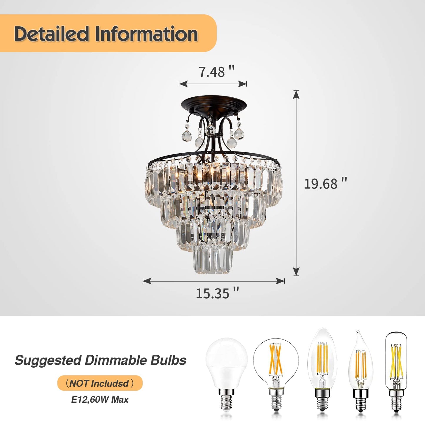 CVKASH 5-Lights Crystal Chandelier Semi Flush Mount Ceiling Light 15.2 Inch Black Model X5 for Living Room, Dining Room, Bedroom