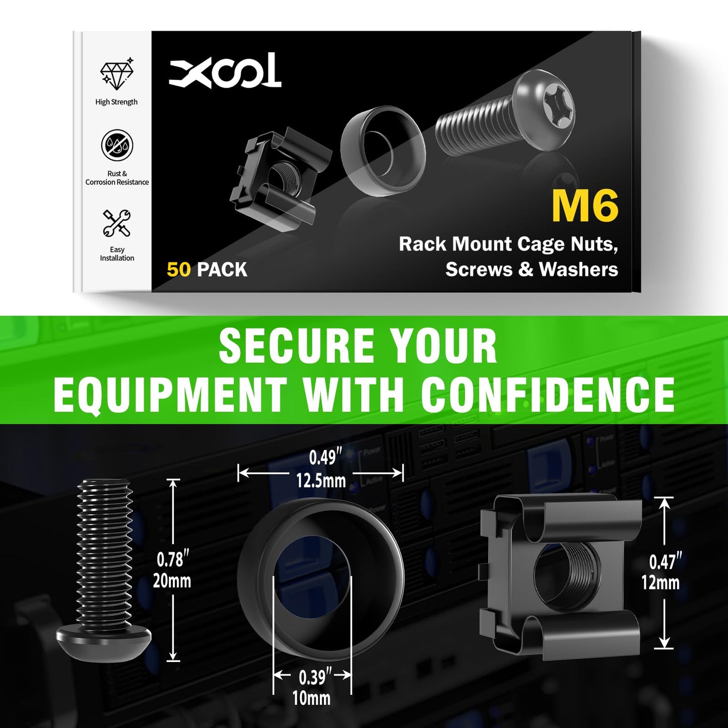 50 PACK M6 x 16mm Rack Mount Cage Nuts, Screws and Washers for Rack Mount Server Cabinet, Rack Mount Server Shelves, Routers, Rack Mount Screws and Square Insert Nuts, Self-Locking Cable Ties for Free