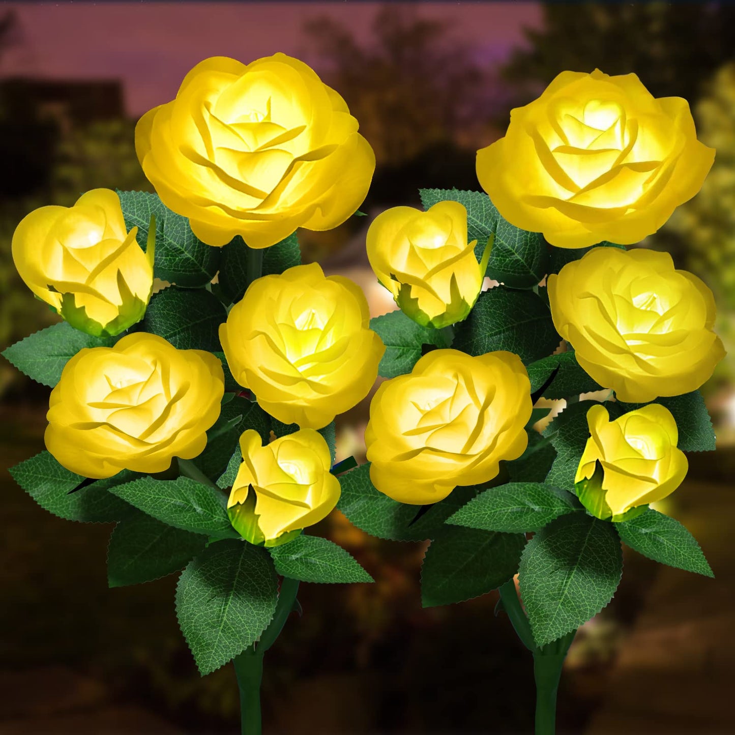 YWYWLED Solar Flower Lights - LED Waterproof Stake Lights with 5 Roses, Yellow, 2 Pack, Model 2023-5-12