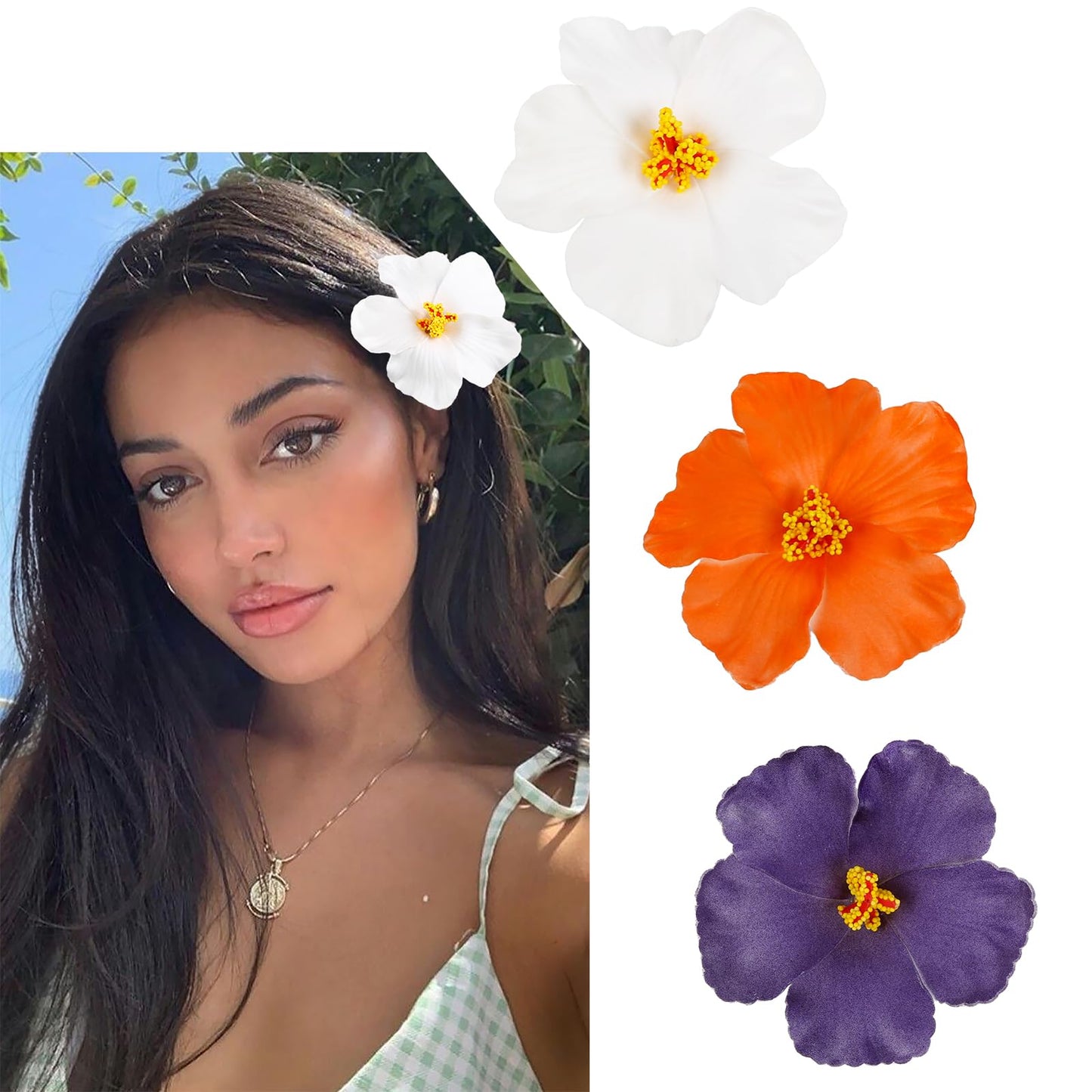 TEBIEKOY 3Pcs Hawaiian Flower Hair Clips for Women Plumeria Hibiscus Hair Clip 3.5 Inch Artificial Flower Clips Hair Accessories