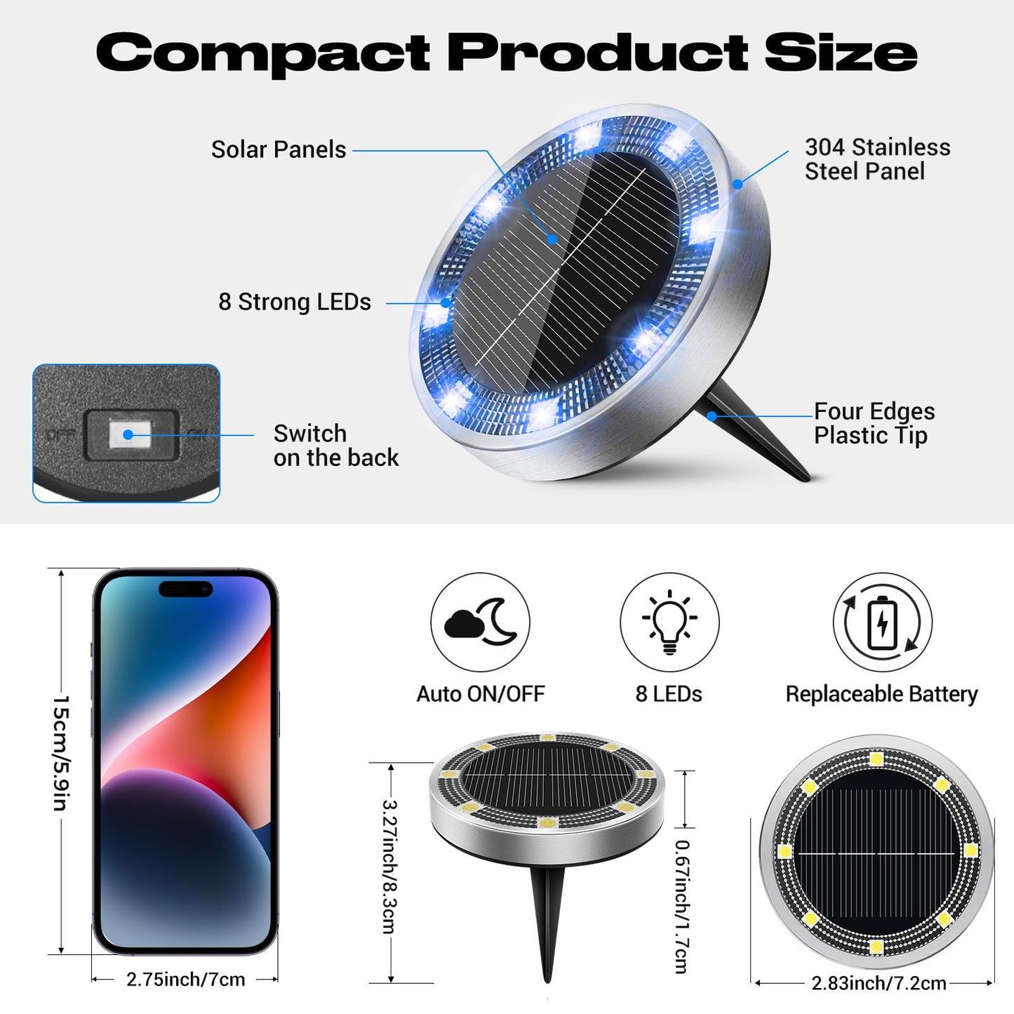 Peasur Mini Solar Ground Lights, 8 Pack, IP68 Waterproof, Stainless Steel, Outdoor Landscape Lighting, Blue