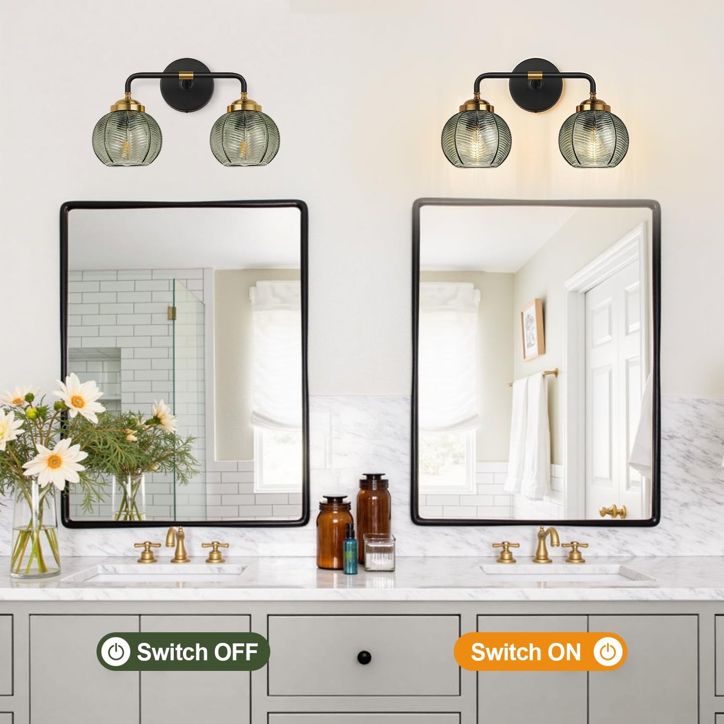 MOKATNG Bathroom Light Fixtures, 2-Light Green Vanity Lights with Unique Leaf Texture Glass Shade, Modern Matte Black and Gold Bathroom Wall Lamp for Mirror Hallway Cabinet Living Room