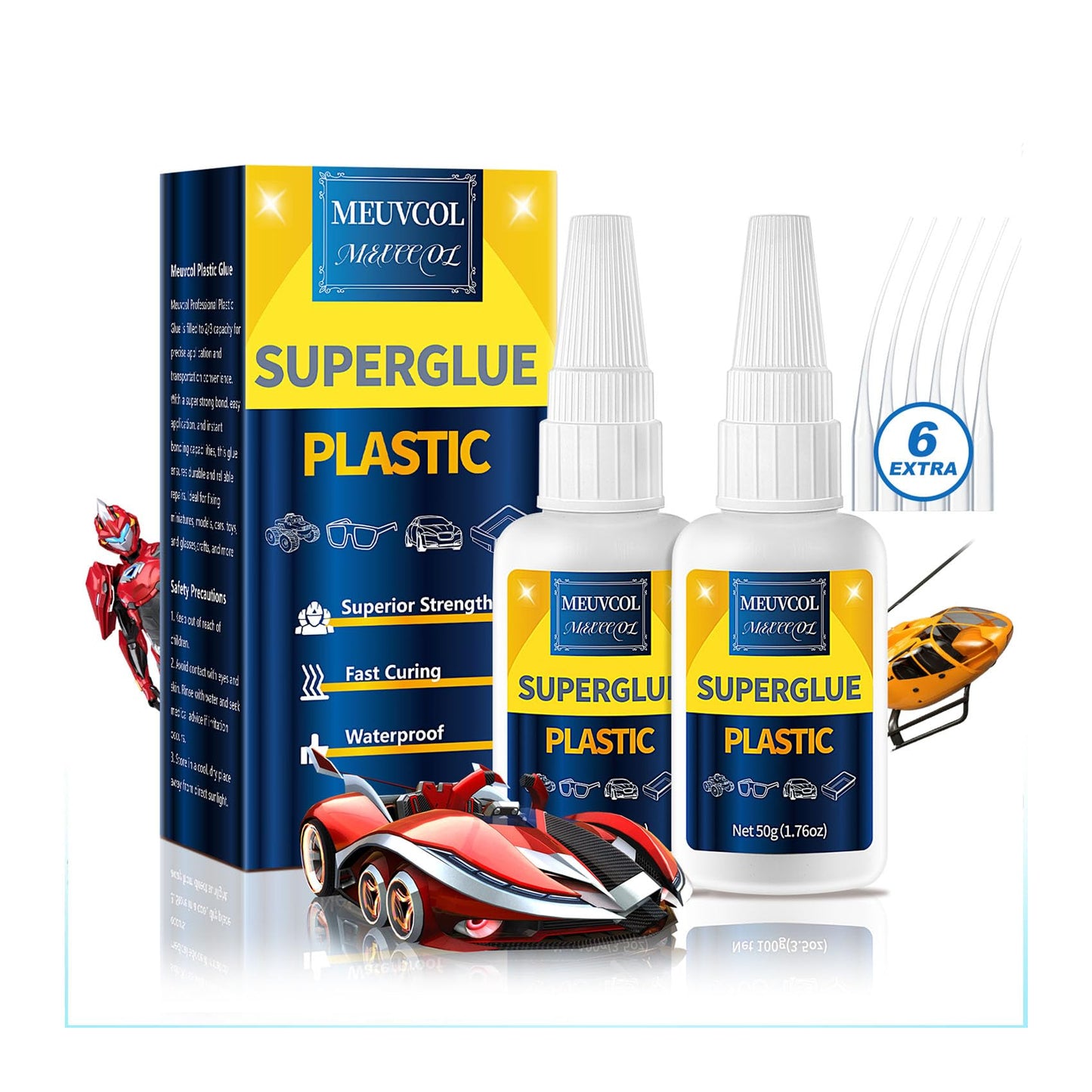 Meuvcol Super Glue for Plastic 100g, Heavy Duty Plastic Model Glue Kit for Legos and Miniature, Strongest Plastic Adhesive Bonder for PLA, 3D Print, Car, ABS, PVC, Acrylic, Craft, Best Plastic Glue